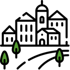 Illustration Häusergruppe einer Gemeinde, als Gemeinschaft zur Energiewende beitragen