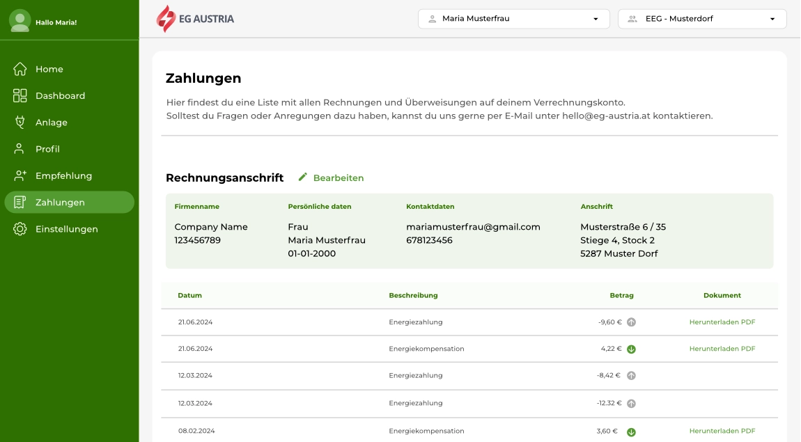 EG Austria Mitgliederportal, Übersicht Einnahmen, Ausgaben und Verbrauch innerhalb der Energiegemeinschaft