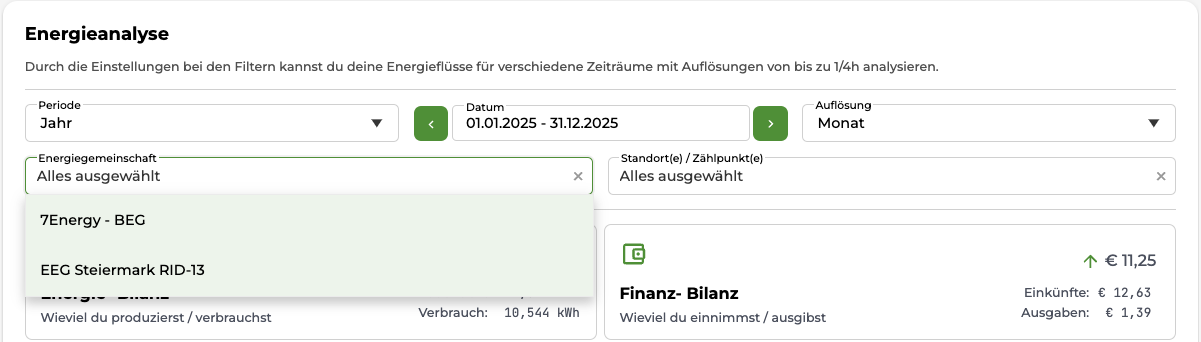 EG Austria Portal - Filter Energiegemeinschaften